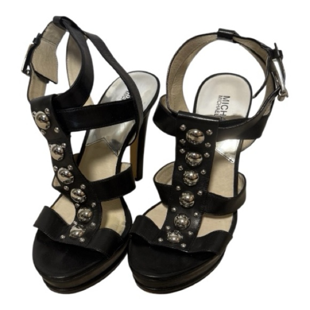 MICHAEL Michael Kors Sherry Black Leather Studded Caged Platform Heels - 7.5M